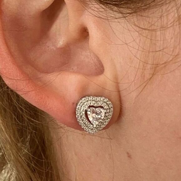 The Double Heart Earrings in 925 silver and brilliant diamonds - Picture 3 of 8